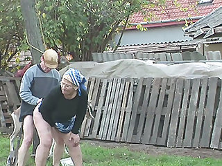Mature blonde granny pounded outdoors after doing her chores